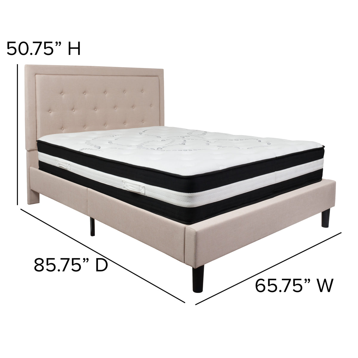 Beige,Queen |#| Queen Size Panel Tufted Beige Fabric Platform Bed with Pocket Spring Mattress