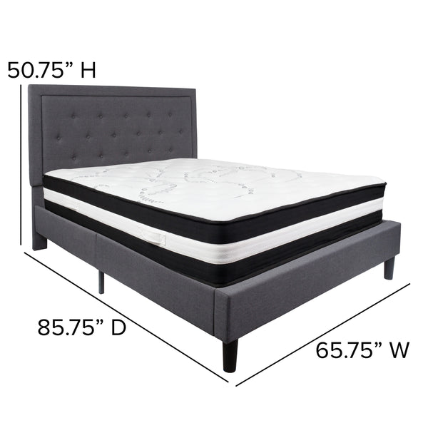 Dark Gray,Queen |#| Queen Size Panel Tufted Dk Gray Fabric Platform Bed with Pocket Spring Mattress