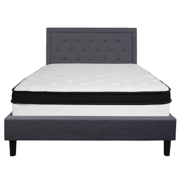 Dark Gray,Queen |#| Queen Size Panel Tufted Dk Gray Fabric Platform Bed with Pocket Spring Mattress