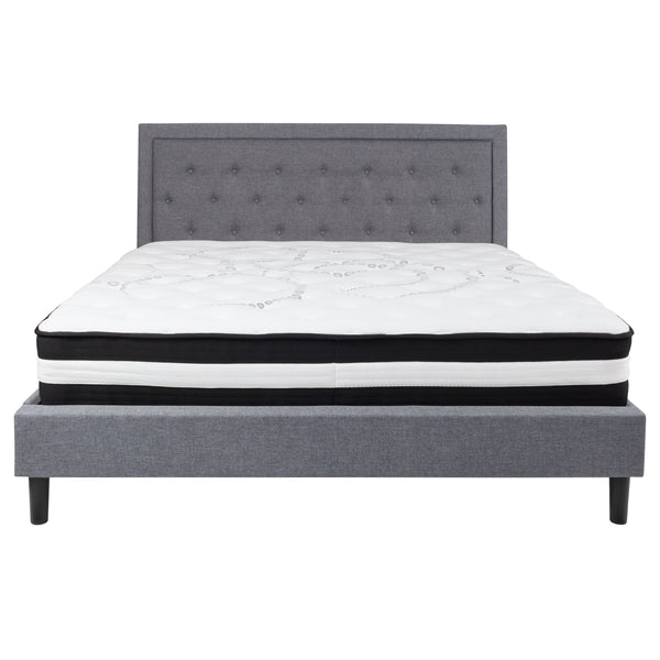 Light Gray,King |#| King Size Panel Tufted Lt Gray Fabric Platform Bed with Pocket Spring Mattress