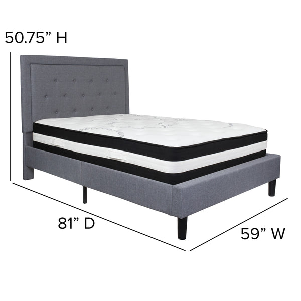 Light Gray,Full |#| Full Size Panel Tufted Lt Gray Fabric Platform Bed with Pocket Spring Mattress