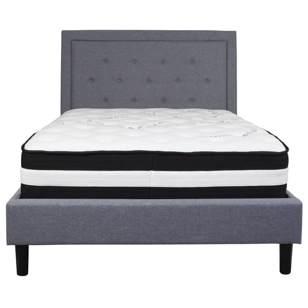 Light Gray,Full |#| Full Size Panel Tufted Lt Gray Fabric Platform Bed with Pocket Spring Mattress