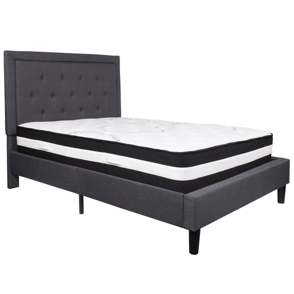 Dark Gray,Full |#| Full Size Panel Tufted Dk Gray Fabric Platform Bed with Pocket Spring Mattress