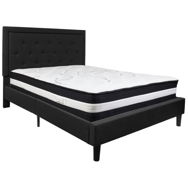 Black,Queen |#| Queen Size Panel Tufted Black Fabric Platform Bed with Pocket Spring Mattress