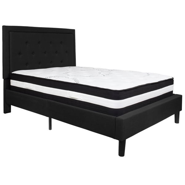 Black,Full |#| Full Size Panel Tufted Black Fabric Platform Bed with Pocket Spring Mattress