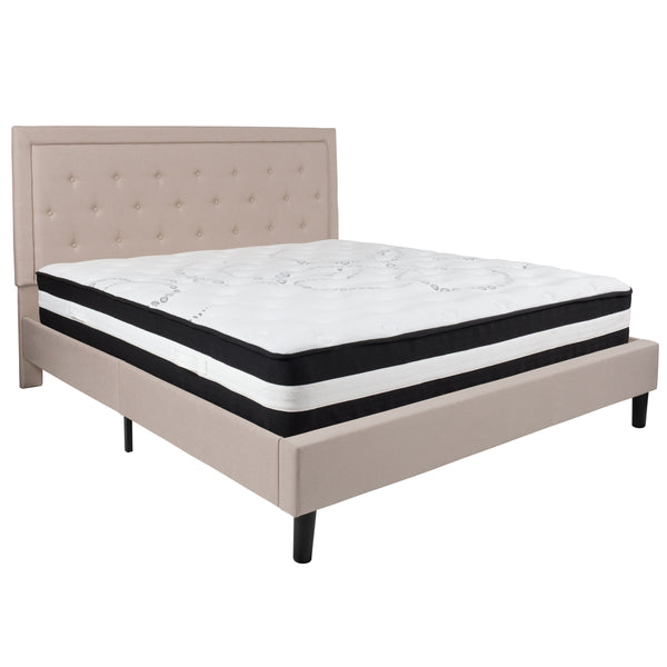 Beige,King |#| King Size Panel Tufted Beige Fabric Platform Bed with Pocket Spring Mattress