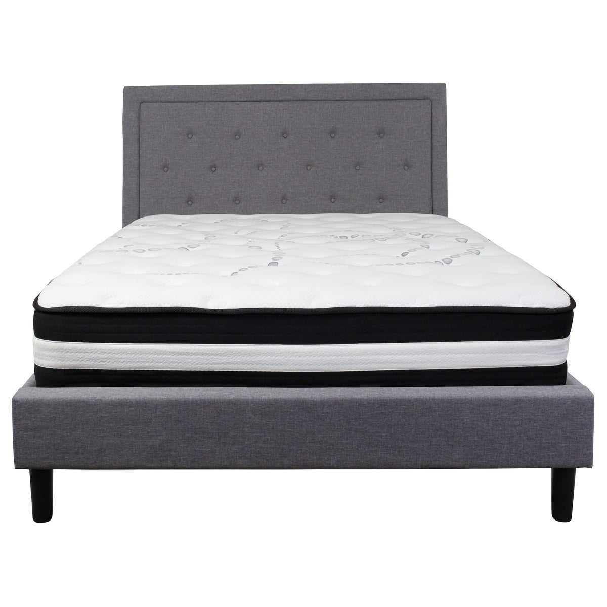 Light Gray,Queen |#| Queen Size Panel Tufted Lt Gray Fabric Platform Bed with Pocket Spring Mattress
