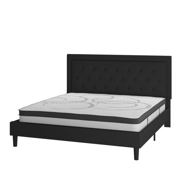 Black,King |#| King Tufted Platform Bed in Black Fabric with 10 Inch Pocket Spring Mattress