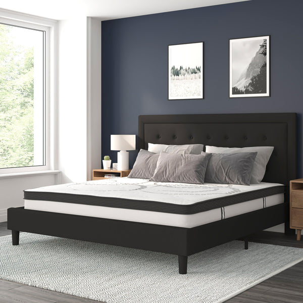 Black,King |#| King Tufted Platform Bed in Black Fabric with 10 Inch Pocket Spring Mattress