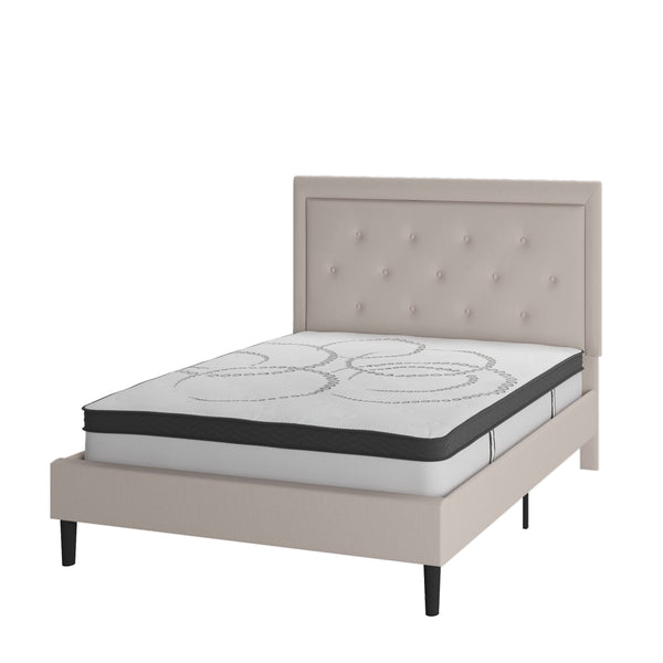 Beige,Full |#| Full Tufted Platform Bed in Beige Fabric with 10 Inch Pocket Spring Mattress