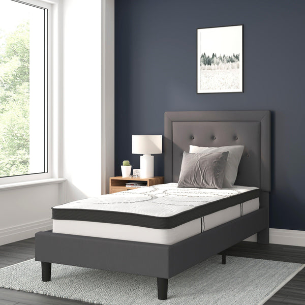 Dark Gray,Twin |#| Twin Tufted Platform Bed in Dark Gray Fabric with 10 Inch Pocket Spring Mattress