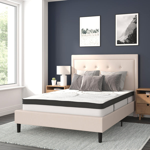 Beige,Full |#| Full Tufted Platform Bed in Beige Fabric with 10 Inch Pocket Spring Mattress