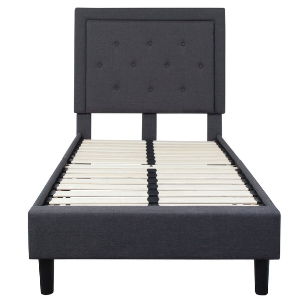 Dark Gray,Twin |#| Twin Tufted Platform Bed in Dark Gray Fabric with 10 Inch Pocket Spring Mattress