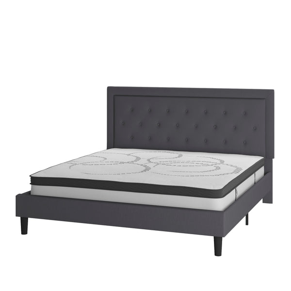 Dark Gray,King |#| King Tufted Platform Bed in Dark Gray Fabric with 10 Inch Pocket Spring Mattress