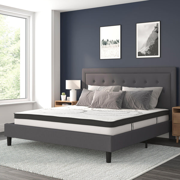 Dark Gray,King |#| King Tufted Platform Bed in Dark Gray Fabric with 10 Inch Pocket Spring Mattress