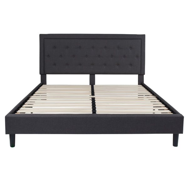 Dark Gray,King |#| King Tufted Platform Bed in Dark Gray Fabric with 10 Inch Pocket Spring Mattress