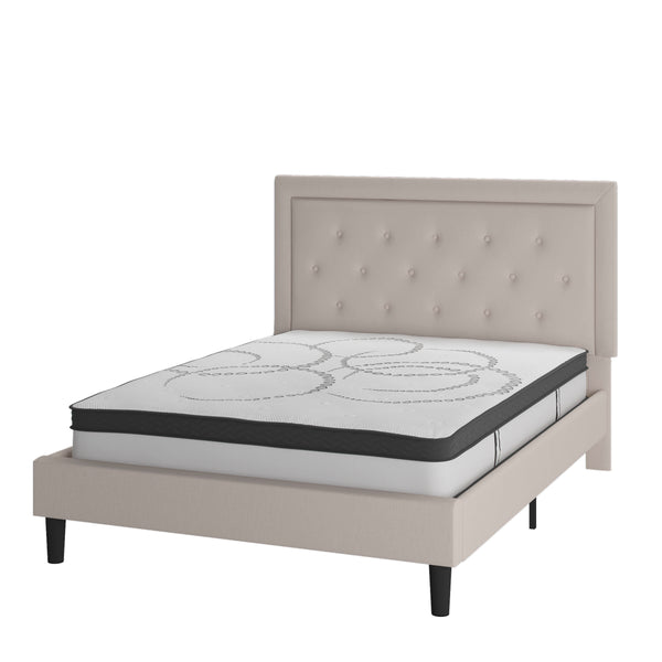 Beige,Queen |#| Queen Tufted Platform Bed in Beige Fabric with 10 Inch Pocket Spring Mattress