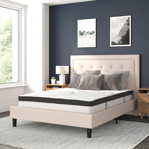 Beige,Queen |#| Queen Tufted Platform Bed in Beige Fabric with 10 Inch Pocket Spring Mattress