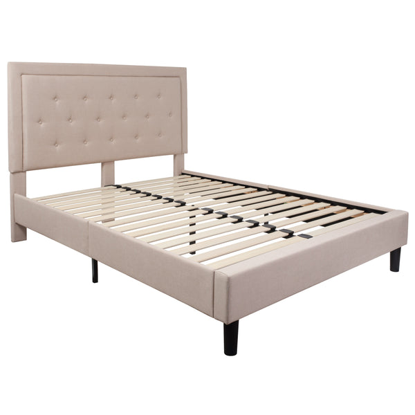 Beige,Queen |#| Queen Tufted Platform Bed in Beige Fabric with 10 Inch Pocket Spring Mattress