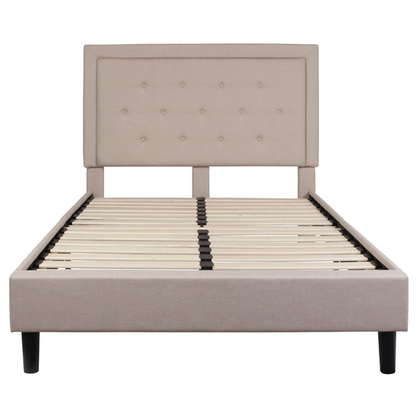 Beige,Full |#| Full Tufted Platform Bed in Beige Fabric with 10 Inch Pocket Spring Mattress