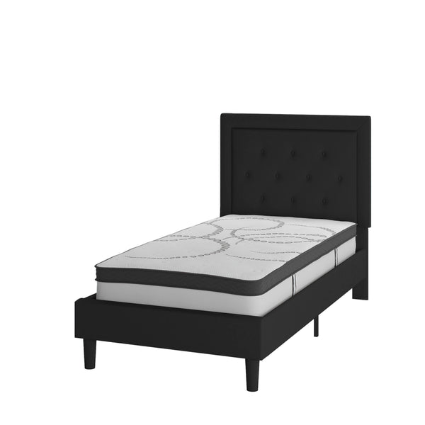 Black,Twin |#| Twin Tufted Platform Bed in Black Fabric with 10 Inch Pocket Spring Mattress