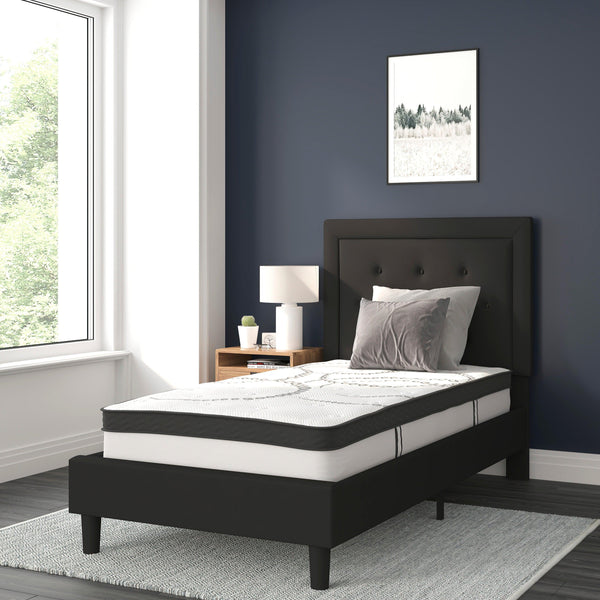 Black,Twin |#| Twin Tufted Platform Bed in Black Fabric with 10 Inch Pocket Spring Mattress