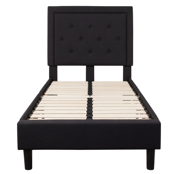 Black,Twin |#| Twin Tufted Platform Bed in Black Fabric with 10 Inch Pocket Spring Mattress