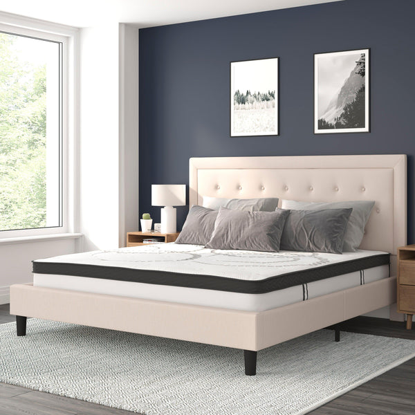 Beige,King |#| King Tufted Platform Bed in Beige Fabric with 10 Inch Pocket Spring Mattress