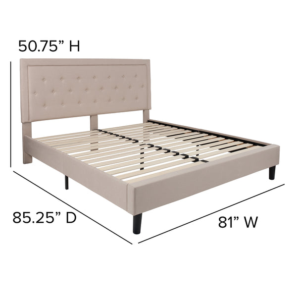 Beige,King |#| King Tufted Platform Bed in Beige Fabric with 10 Inch Pocket Spring Mattress