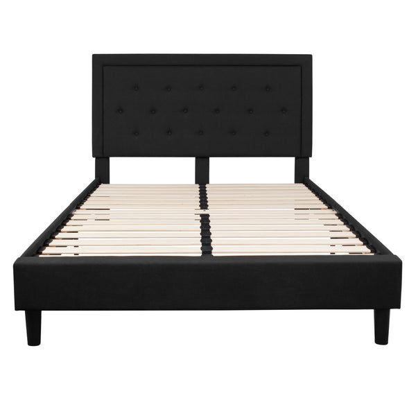 Black,Queen |#| Queen Tufted Platform Bed in Black Fabric with 10 Inch Pocket Spring Mattress