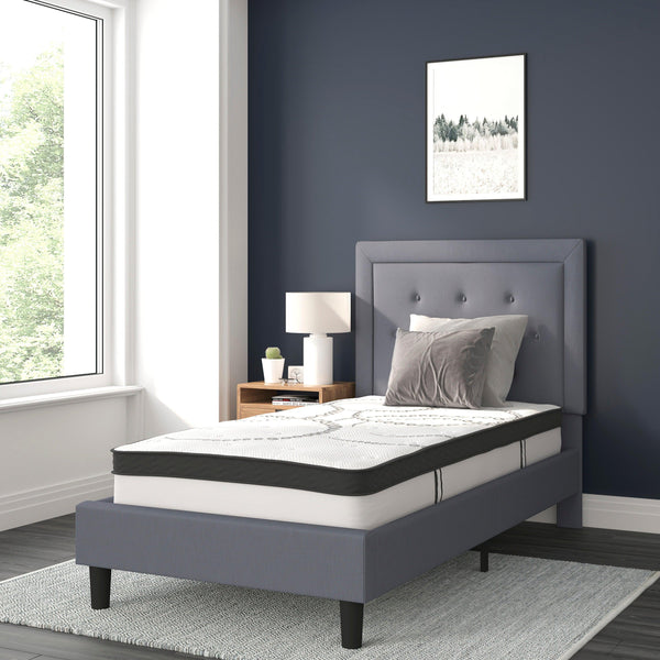 Light Gray,Twin |#| Twin Tufted Platform Bed in Light Gray Fabric with 10in. Pocket Spring Mattress