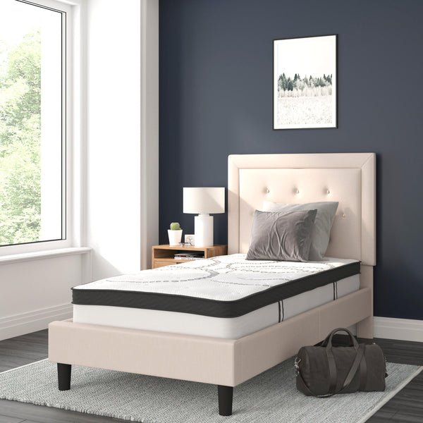 Beige,Twin |#| Twin Tufted Platform Bed in Beige Fabric with 10 Inch Pocket Spring Mattress