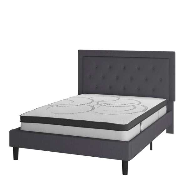 Dark Gray,Queen |#| Queen Tufted Platform Bed in Dark Gray Fabric with 10in. Pocket Spring Mattress