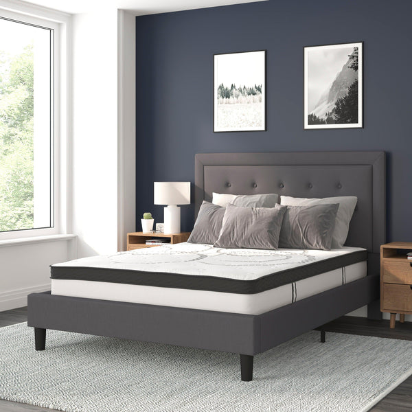 Dark Gray,Queen |#| Queen Tufted Platform Bed in Dark Gray Fabric with 10in. Pocket Spring Mattress