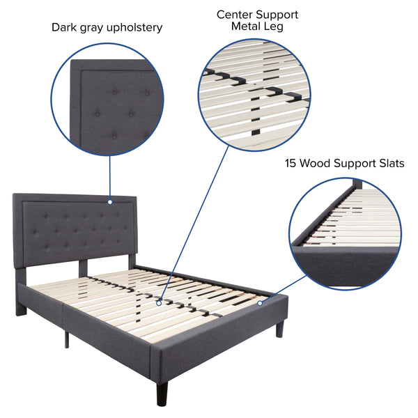 Dark Gray,Queen |#| Queen Tufted Platform Bed in Dark Gray Fabric with 10in. Pocket Spring Mattress