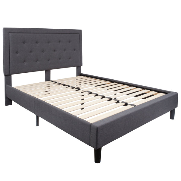 Dark Gray,Queen |#| Queen Tufted Platform Bed in Dark Gray Fabric with 10in. Pocket Spring Mattress