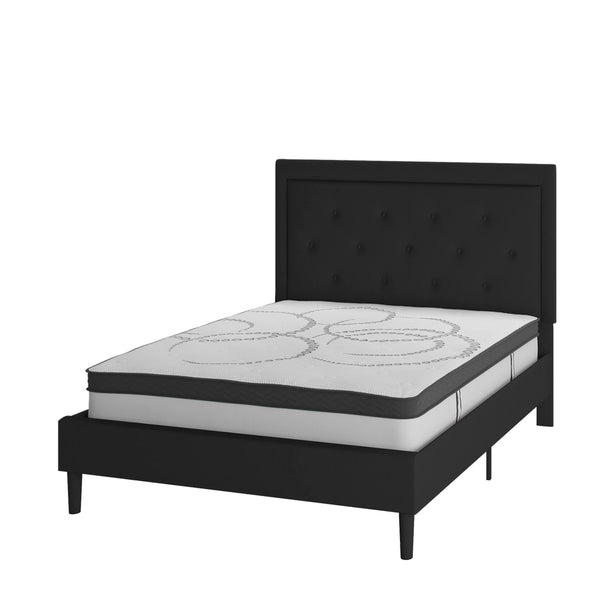 Black,Full |#| Full Tufted Platform Bed in Black Fabric with 10 Inch Pocket Spring Mattress