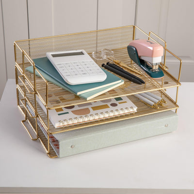 Ryder 3 Tier Desk Letter Tray Organizer, Stackable Steel Mesh Inbox Tray for Files, Papers, or Letters