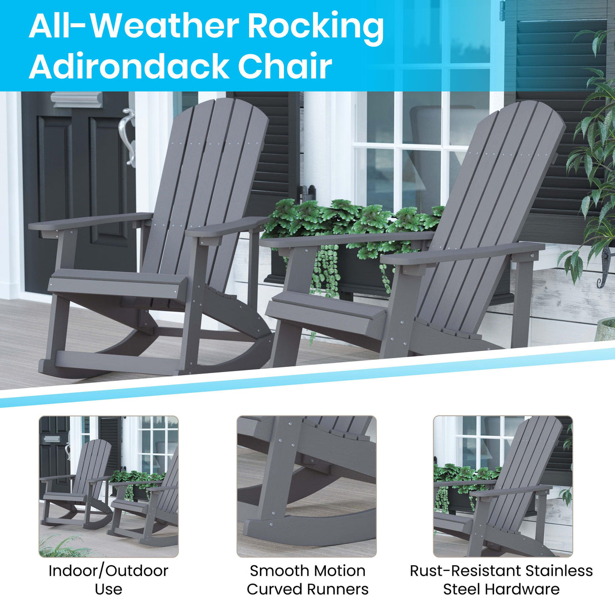 Gray |#| Set of 2 Poly Resin Adirondack Rocking Chairs in Gray & 22inch Round Fire Pit