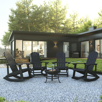 Savannah Set of 4 All-Weather Poly Resin Wood Adirondack Rocking Chairs with 22" Round Wood Burning Fire Pit - View 2