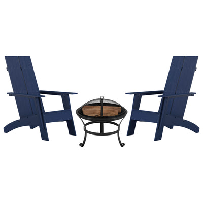 Sawyer Set of 2 Modern All-Weather 2-Slat Poly Resin Adirondack Chairs with 22" Round Wood Burning Fire Pit - View 1