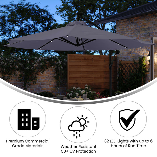 Gray |#| Commercial 10 FT Solar 32 LED Light Cantilever Umbrella with Crank and Tilt-Gray