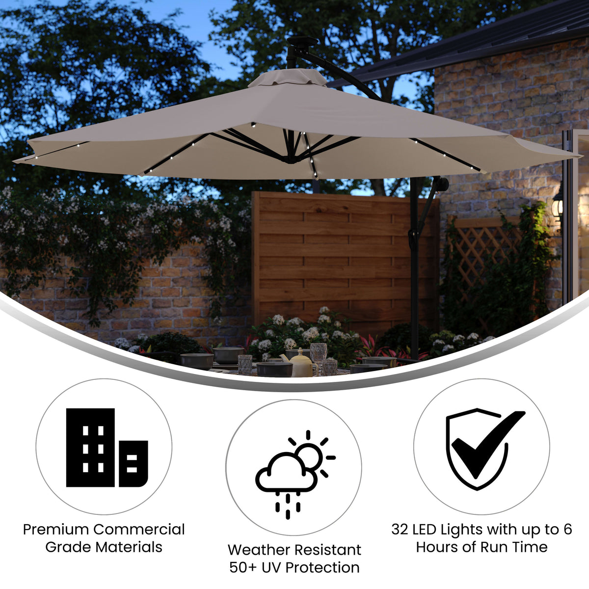 Tan |#| Commercial 10 FT Solar 32 LED Light Cantilever Umbrella with Crank and Tilt-Tan