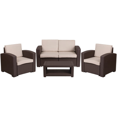 Seneca 4 Piece Outdoor Faux Rattan Chair, Loveseat and Table Set - View 1