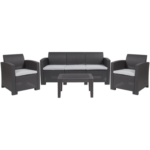 Dark Gray |#| 4 Piece Outdoor Faux Rattan Chair, Sofa and Table Set in Dark Gray