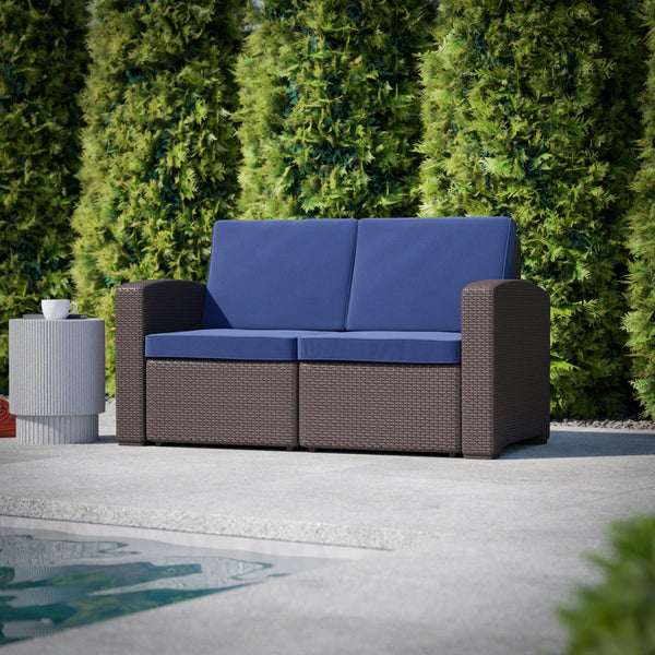 Brown/Navy |#| Chocolate Brown Faux Rattan Loveseat with All-Weather Navy Cushions