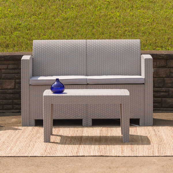 Light Gray |#| Lt Gray Faux Rattan Loveseat with All-Weather Light Gray Cushions - Patio Chair