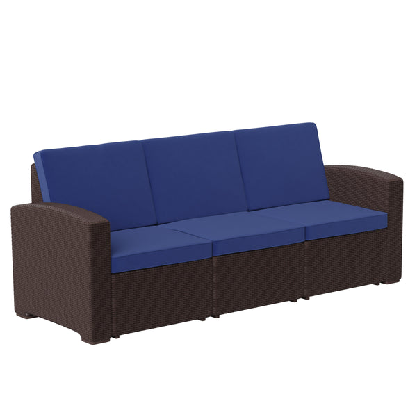 Navy Cushions/Chocolate Brown Frame |#| Chocolate Brown Faux Rattan Sofa with All-Weather Navy Cushions