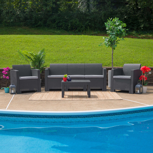 Dark Gray |#| Dark Gray Faux Rattan Sofa with All-Weather Light Gray Cushions - Patio Chair