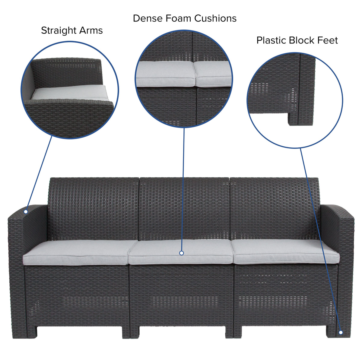 Dark Gray |#| Dark Gray Faux Rattan Sofa with All-Weather Light Gray Cushions - Patio Chair